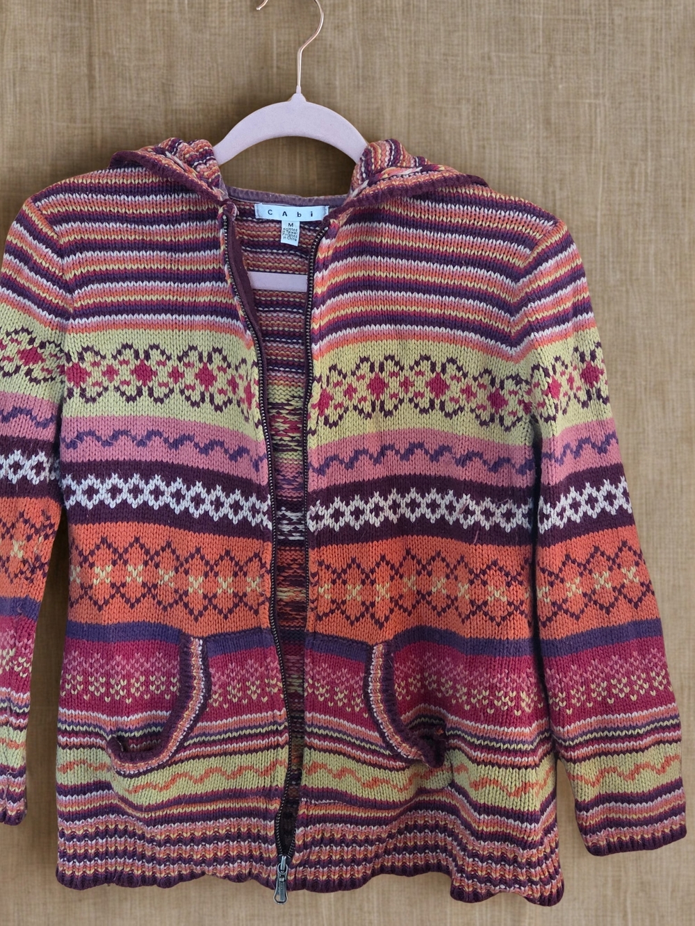 Small To Med CAbi Hooded Zip Cardigan in Plum, Orange, Pink & Gold Stripes